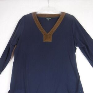 Lauren Ralph Lauren Women's 1X Top  Navy Blue Long Sleeve V-neck Pullover Cotton